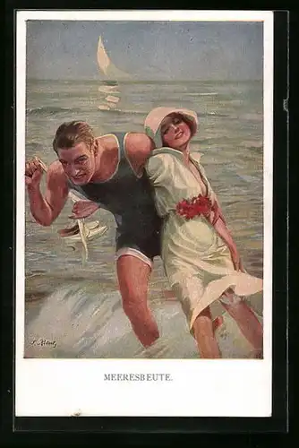 AK Paar am Strand in Bademode, Meeresbeute