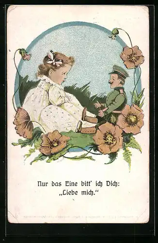 AK Kleines Mädchen redet mit ihrer Soldatenpuppe