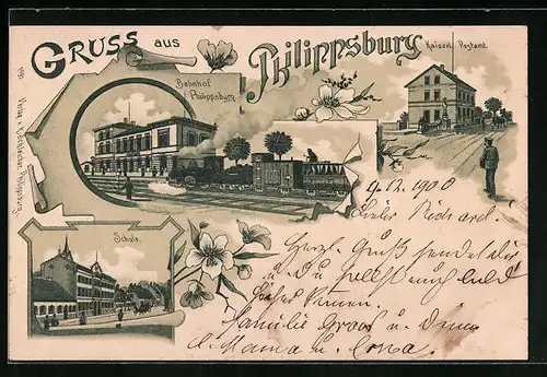 Lithographie Philippsburg, Bahnhof mit einfahrendem Zug, Kaiserl. Postamt, Schule