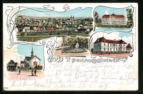 Lithographie Donaueschingen, Fürstliches Schloss, Bezirksamt, Donauquelle, Kirche