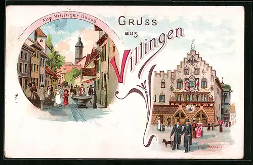Lithographie Villingen, Strasse alte Villinger Gasse mit Brunnen, Altes Rathaus