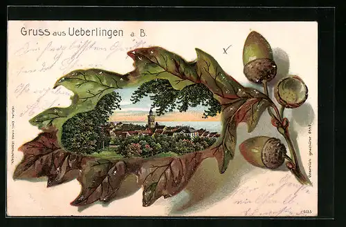 Passepartout-Lithographie Überlingen a. B., Teilansicht im Eichenblatt