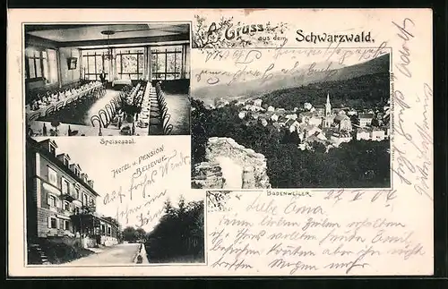 AK Badenweiler /Schwarzwald, Hotel u. Pension Bellevue, Inneres Speisesaal, Teilansicht mit Kirche