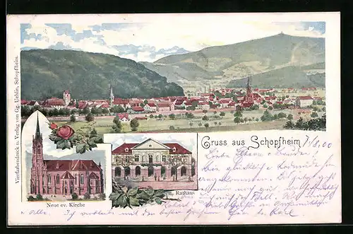 AK Schopfheim, Teilansicht, Neue evangelische Kirche, Rathaus