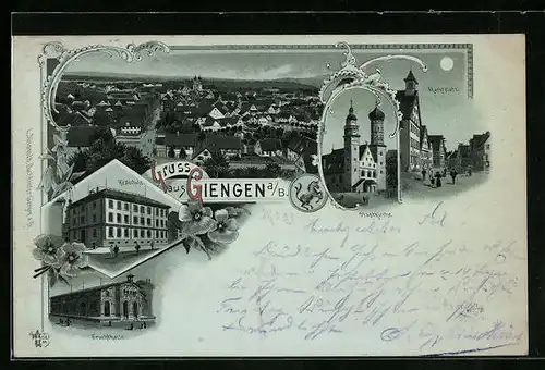 Mondschein-Lithographie Giengen a /B., Fruchthalle, Realschule, Stadtkirche