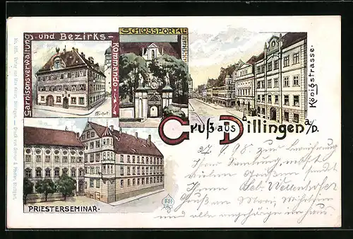 Künstler-AK Dillingen a. D., Königstrasse, Schlossportal, Priesterseminar