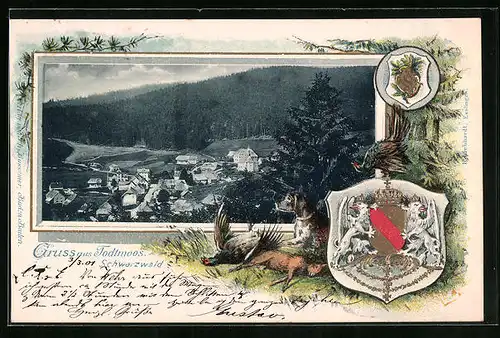 Passepartout-Lithographie Todtmoos, Totalansicht aus der Vogelschau, Wappen