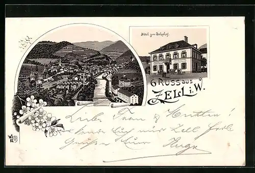 Lithographie Zell i. W., Hotel zum Bahnhof, Totalansicht mit Wiese