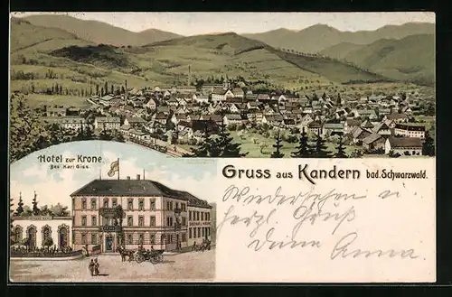 Lithographie Kandern, Hotel zur Krone, Panorama