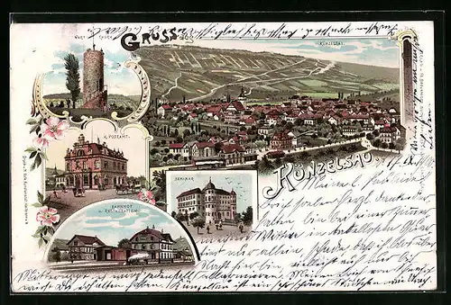 Lithographie Künzelsau, Bahnhof und Restaurant, K. Postamt, Seminar