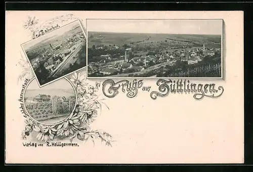 AK Züttlingen, Bahnhof, Schloss Assumstadt, Totalansicht