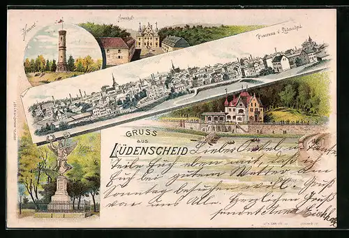 Lithographie Lüdenscheid, Neuenhof, Gasthaus am Ufer, Panorama