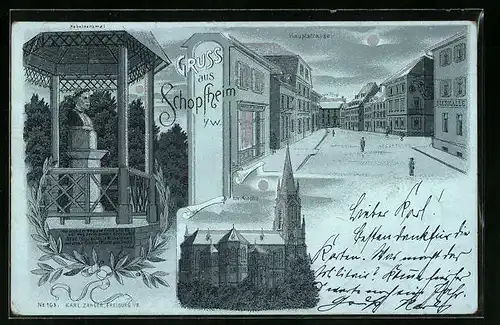 Mondschein-Lithographie Schopfheim i /W., Hauptstrasse mit Gasthaus Bierhalle, Evangelische Kirche, Hebeldenkmal