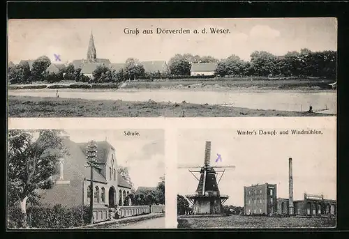 AK Dörverden a. d. Weser, Uferpartie mit Kirche, Schule, Winter`s Dampf- und Windmühlen