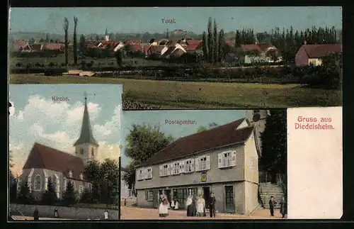 AK Diedelsheim, Totalansicht, Postagentur, Kirche