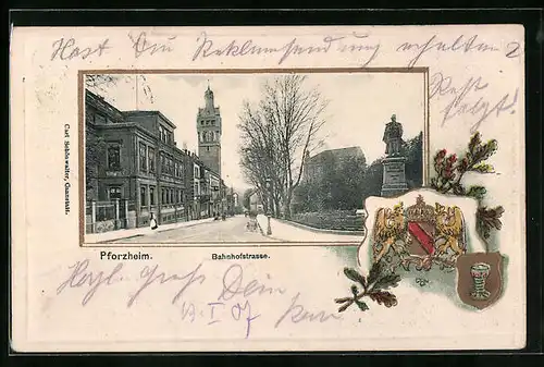 Passepartout-Lithographie Pforzheim, Bahnhofstrasse mit Denkmal, Wappen