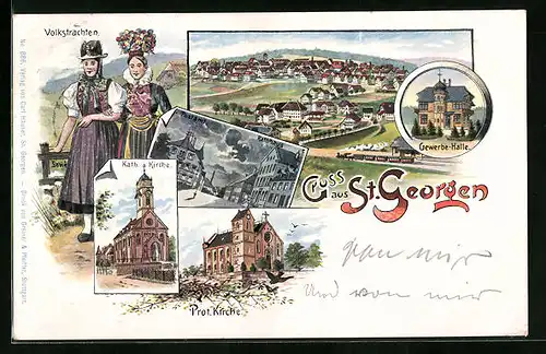 Künstler-AK St. Georgen, Gewerbe-Halle, Katholische Kirche, Volkstrachten