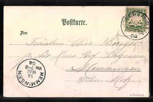 Lithographie Ludwigshafen a /Rh., Bahnhof, Marktplatz, Post