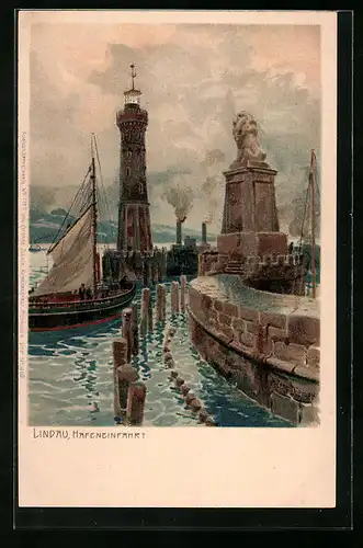 Künstler-AK Zeno Diemer: Lindau, Hafeneinfahrt mit Leuchtturm und Segelboot