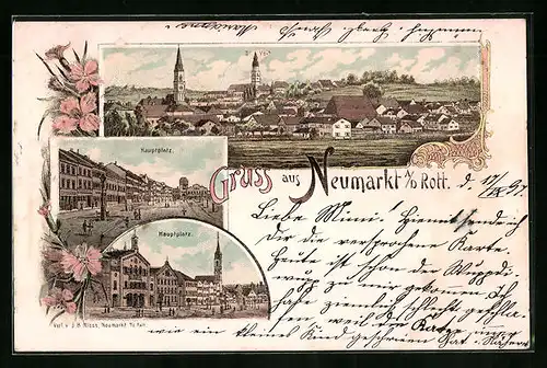 Lithographie Neumarkt /Rott, Hauptplatz und Totalansicht mit Kirche St. Veit