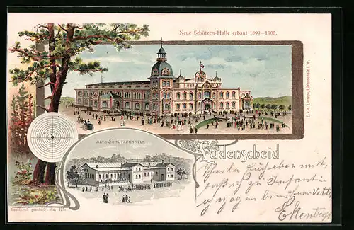 Lithographie Lüdenscheid, Alte und neue Schützenhalle aus der Vogelschau