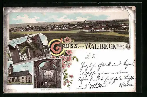 Lithographie Walbeck, Garten-Restaurant, Selle`s Gasthof zum deutschen Haus, Kirche, Domruine, Totalansicht