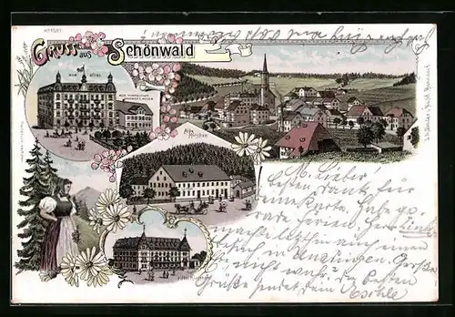 Lithographie Schönwald, Kurhotel, Gasthof z. Adler, Gasthaus z. Hirschen, Totalansicht