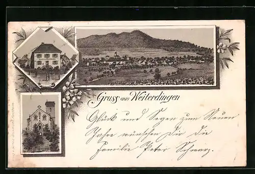 Lithographie Weiterdingen, Gasthaus, Kapelle, Totalansicht