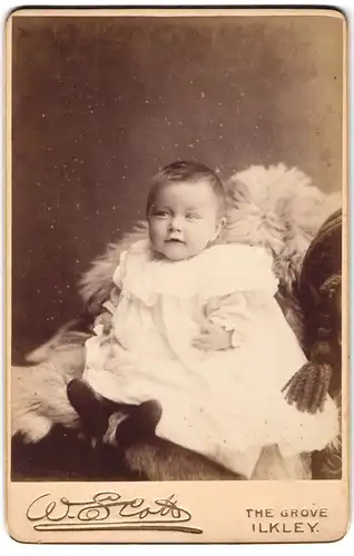 Fotografie W. Scott, Ilkley, The Grove, Süsses Kleinkind im weissen Kleid sitzt auf Fell