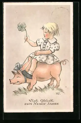 AK Mädchen reitet auf Schwein