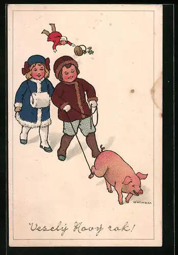 AK Kinder führen Schwein an Leine