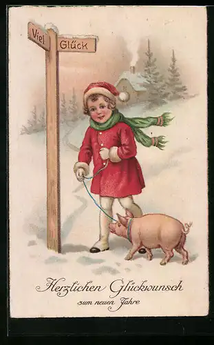 AK Mädchen mit Schwein im Schnee