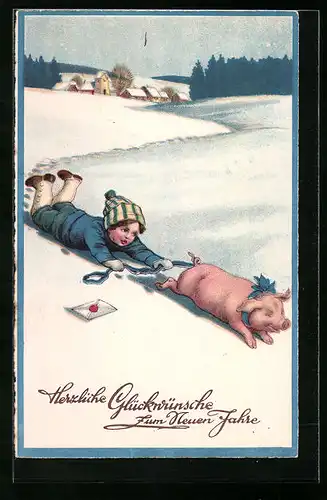 AK Schwein schleift Jungen hinter sich her