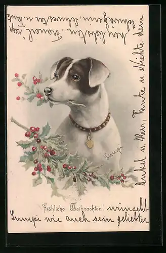 AK Terrier mit Stechpalmenzweig