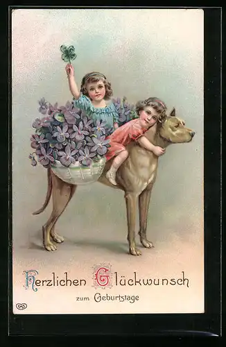AK Mädchen mit Blumen auf Dogge