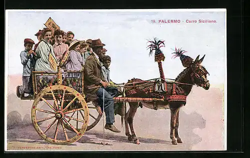 AK Palermo, Carro Siciliano, Eselgespann mit Kindern