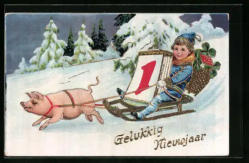 AK Kind auf Schlitten mit Schwein
