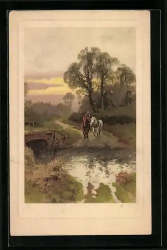 Künstler-AK Meissner & Buch (M&B) Serie 1571: Gefilde der Heimat, Bauer führt seine Pferde zur Tränke