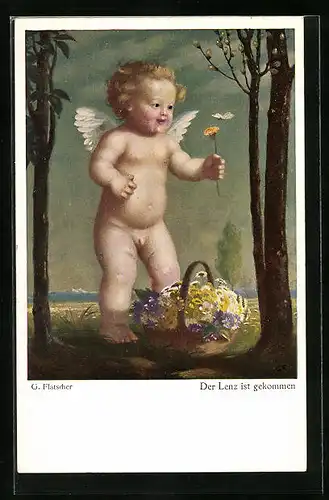AK Der Lenz ist gekommen, Nackter Engel mit Schmetterling