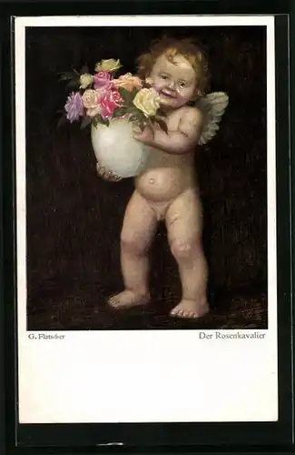 AK Nackter Engel mit Blumenvase