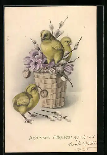 AK Osterküken am Blumenkörbchen