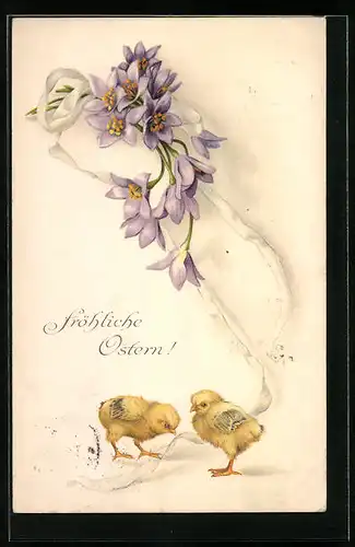 AK Osterküken spielen mit Schleife