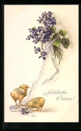 AK Osterküken und violette Blumen