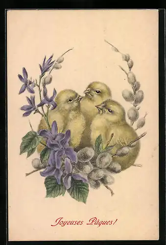 AK Osterküken mit Weidenkätzchen