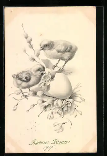 AK Osterküken mit Eierschale und Schneeglöckchen
