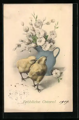 AK Osterküken blicken auf Blumenvase