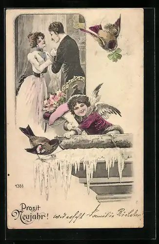 AK Neujahrsengel in Winterkleidung mit Spatzen