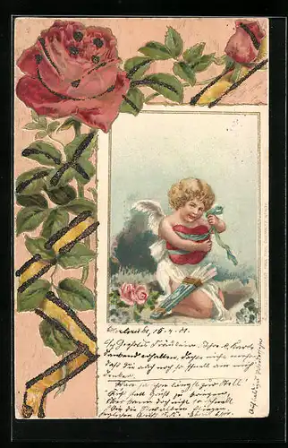 Präge-AK Amor umwickelt Herz