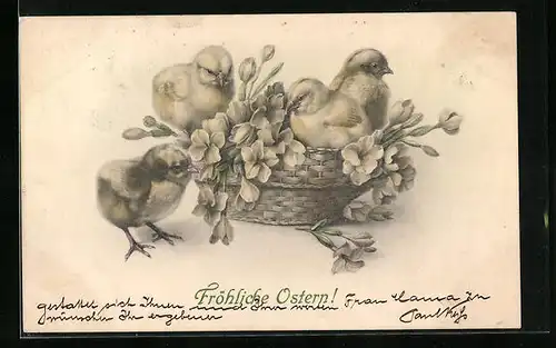 AK Osterküken sitzen in Körbchen