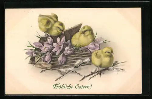 AK Osterküken sitzen in Korb mit Blumen